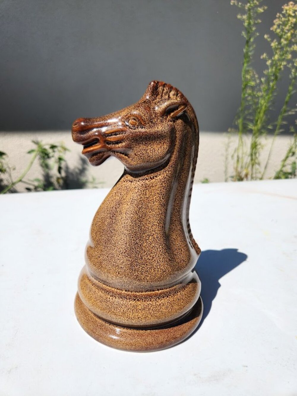 Large Ceramic Chess Piece Knight Horse Decor Head Figurine Speckled Brown Glaze